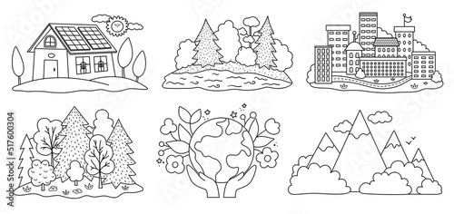 Vector black and white ecological nature set. Environment friendly line concept with forest, mountain, river landscape. Eco city and house illustration. Earth day coloring page, outdoor scenes .