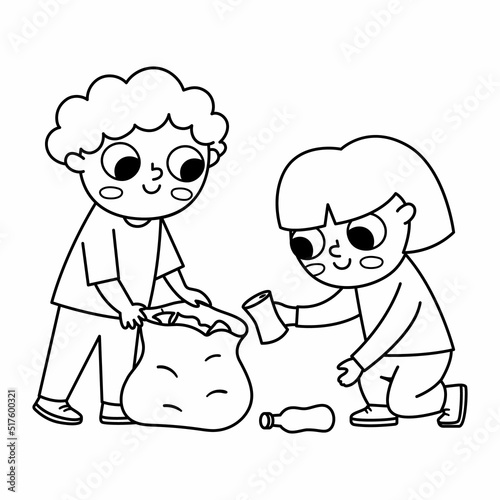 Cute black and white eco friendly kids collecting waste. Boy, girl caring of environment, sorting rubbish. Earth day coloring page. Ecological vector line concept with children picking up trash.