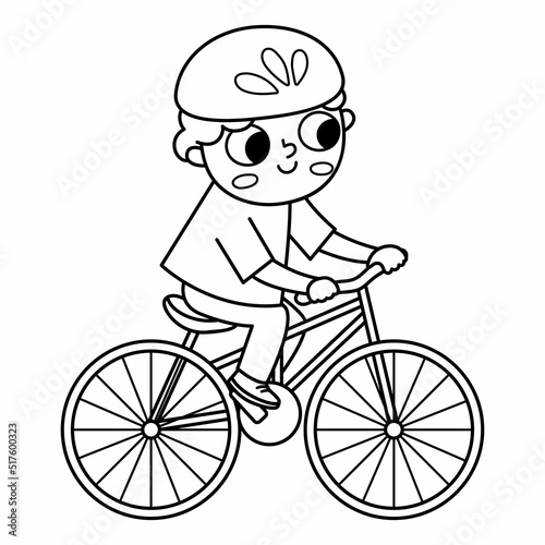 Black and white boy riding a bike in helmet icon. Cute line eco friendly kid. Child using alternative transport. Earth day or healthy lifestyle concept or coloring page.