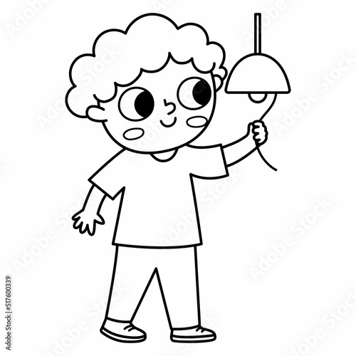 Black and white boy saving energy icon. Cute line eco friendly kid. Child turning of the light. Earth day or healthy lifestyle concept or coloring page.