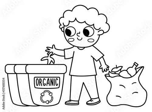 Cute black and white eco friendly kid sorting waste. Boy caring of environment, sorting out rubbish. Line Earth day illustration. Ecological vector coloring page with child picking up trash