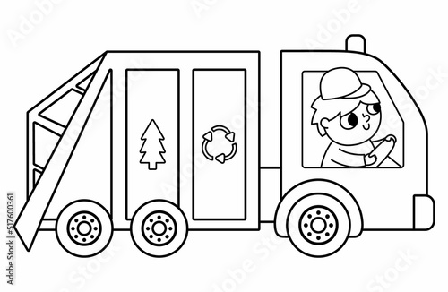 Black and white garbage truck icon. Man driving rubbish van with recycling sign. Line trash car illustration. Waste sorting concept. Vector environment protection coloring page.