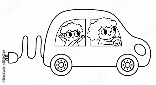 Black and white mother and baby driving electro car. Alternative transport line concept. Earth day illustration with family on ecological transportation. Emission reduce icon or coloring page.