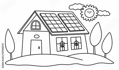 Vector black and white eco house icon. Environment friendly home line concept with trees, and solar panels. Ecological country lifestyle illustration. Cute earth day landscape or coloring page.