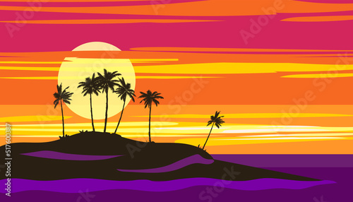 Tropical sunset summer beach landscape. Exotic scene, palms silhouette, sundown, ocean, sea banner