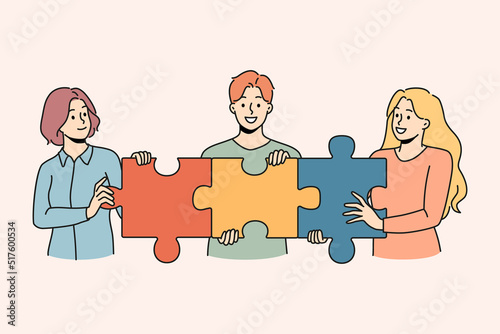 Happy people connect jigsaw puzzle together show shared business goal and motivation. Employees demonstrate cooperation and teamwork. Vector illustration. 