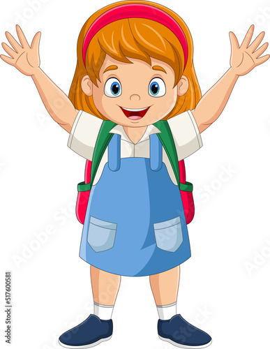 Cartoon school girl with backpack waving hand
