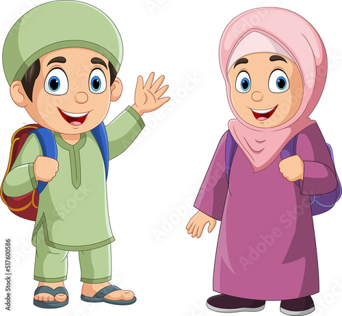 Happy muslim boy and girl cartoon