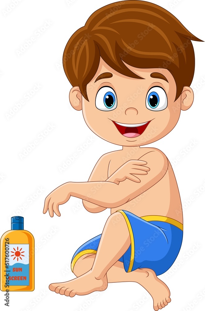Cartoon little boy applying sunscreen lotion on his arm Cartoon little boy applying sunscreen lotion on his arm