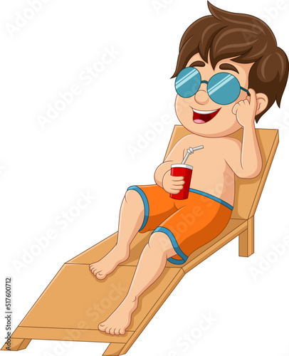 Cartoon little boy relaxing with soda drink on beach chair