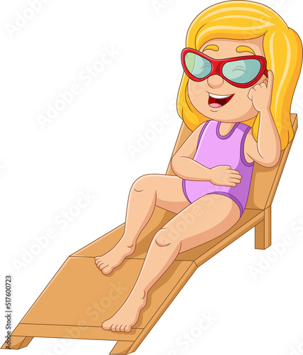 Cartoon little girl relaxing on beach chair