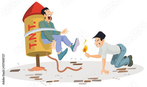 Man is tied to dynamite. TNT terrorism. Illustration for internet and mobile website.