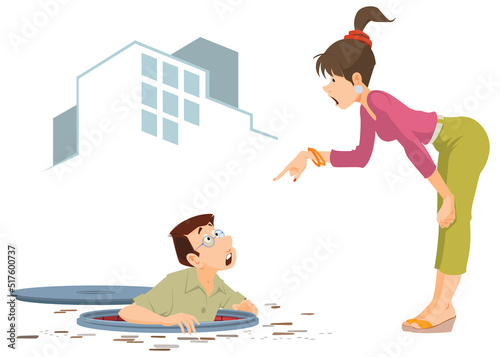 Woman is teaching man in open sewer hatch. Illustration for internet and mobile website.