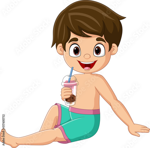 Cartoon little boy drink bubble tea