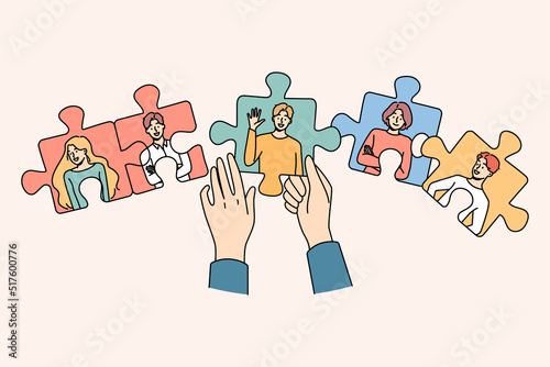 Hands joining jigsaw puzzles with employees engaged in employment and hr process. Recruiter looking for workers in team. Recruitment and hiring. Vector illustration. 