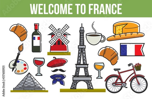 Travel agency brochures French culture and symbols architecture and cuisine vector