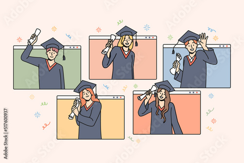Happy students in mantles celebrate college graduation with online studying. Smiling graduates excited about university finish. Remote education concept. Vector illustration. 