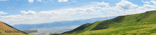 Beautiful panoramic landscape of mountains and alpine meadows, banner format