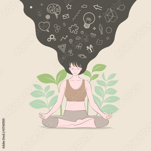 Woman practicing meditation and mindfulness by doing yoga in lotus position and organizing her thoughts. Smiling relaxed with closed eyes, Flat cartoon style. vector illustration.