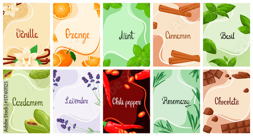 A set of posters with spices and herbs.
