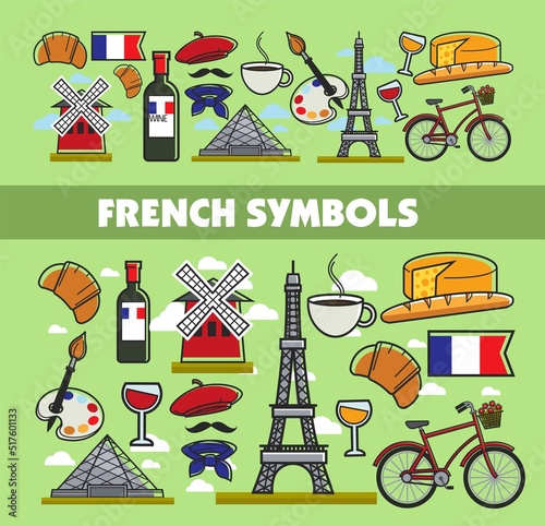 Travel agency brochures French culture and symbols architecture and cuisine vector