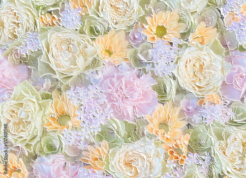 Cloisonne-like floral reliefs (roses, carnations, hydrangeas). 3D illustration. 3D render