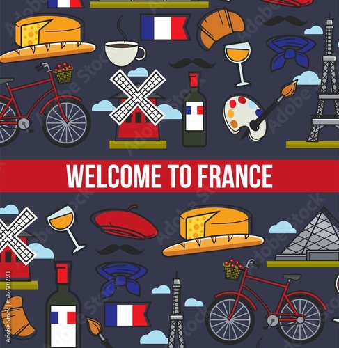 Travel agency brochures French culture and symbols architecture and cuisine vector
