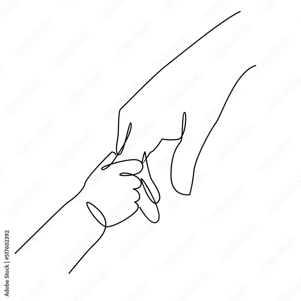 Baby child holding adult hands continuous line drawing. Vector illustration on white background Baby child holding adult hands continuous line drawing. Vector illustration on white background