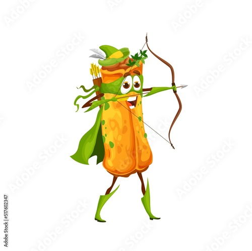 Cartoon Mexican enchilada defender character, vector kids hero personage. Funny cute Mexican enchilada archer guardian, defender and rescue ranger in with arrow bow and green hat with mask