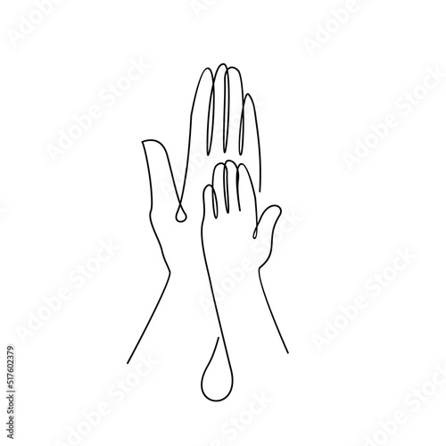 Baby child holding adult hands continuous line drawing. Vector illustration on white background