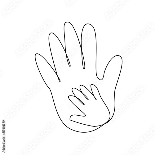Baby child holding adult hands continuous line drawing. Vector illustration on white background