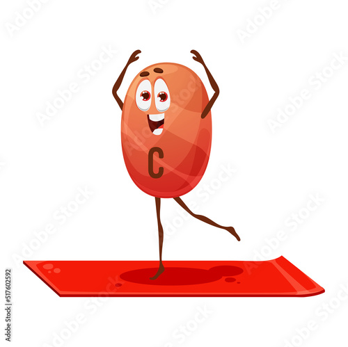 Cartoon vitamin C character on yoga fitness. Isolated vector happy ascorbic acid capsule personage sports exercises. Funny bubble supplement stand on mat with raised arms and leg in asana yogi pose