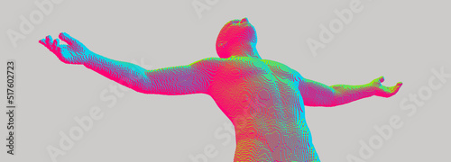 Man spread his arms in different directions. Men enjoying the freedom. Victory. Voxel art. 3D vector illustration.