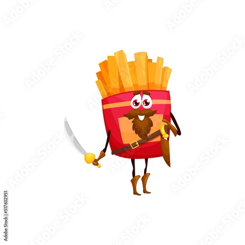 Cartoon french fires pirate captain character. Vector fast food corsair holding sabers. Funny filibuster fastfood personage, takeaway cafe kids menu junk meal in red carton box, bearded freebooter