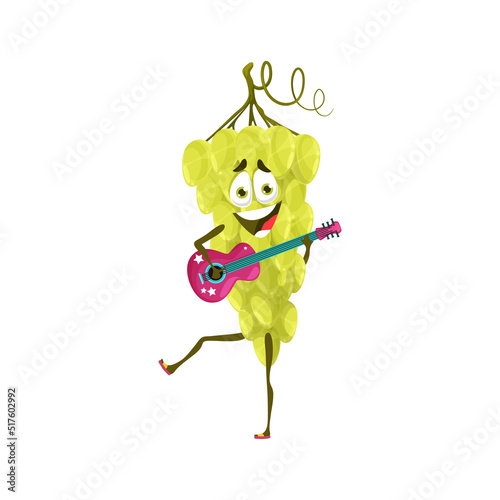 Cartoon cheerful grape musician character with guitar. Funny and happy smiling fruit character, ripe bunch of grapes isolated vector personage playing on guitar musical instrument