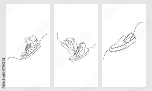 set collection Vector illustration of sneakers sports shoes in a continuous one line isolated white background