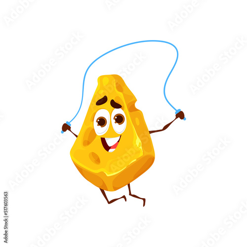 Cartoon cheese with skipping rope, food character on sport or fitness, vector kids personage. Funny cute lump or piece of cheese with holes on jumping rope for kids design