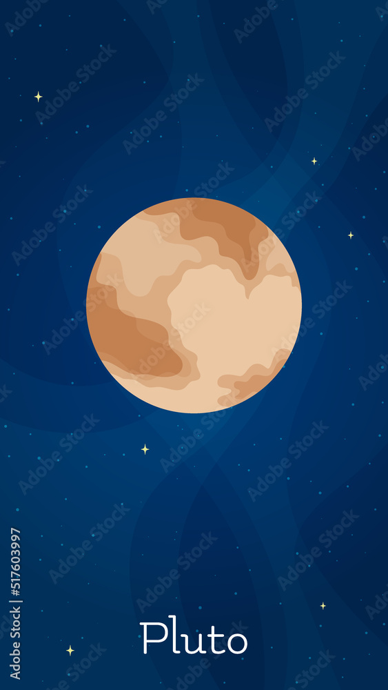Star system planet Pluto vector illustration. Astronomical object art concept on night sky vertical space background with cartoon style minor planet Pluto for children fantasy graphic design