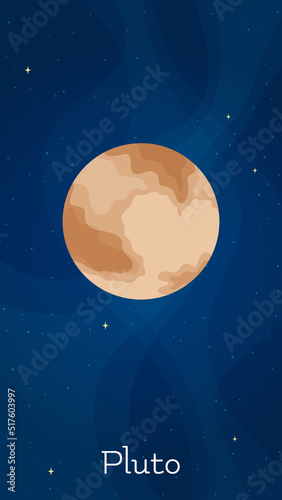 Star system planet Pluto vector illustration. Astronomical object art concept on night sky vertical space background with cartoon style minor planet Pluto for children fantasy graphic design