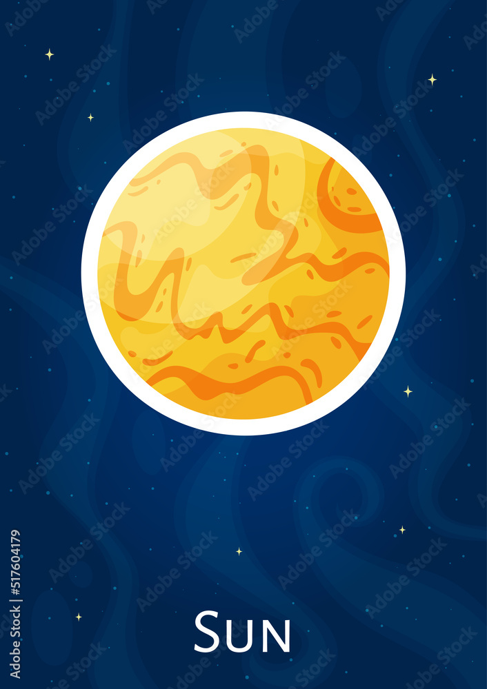 Naklejka premium Cartoon celestial object Sun vector sticker, comic round solar system star graphic concept label, flat astronomical object art patch on blue cosmic background for astronomy science graphic concept