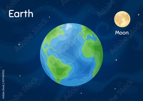 Flat space planet Earth vector illustration. Celestial sphere object graphic concept with space planet Earth on starry night sky flat style background for children galaxy science game