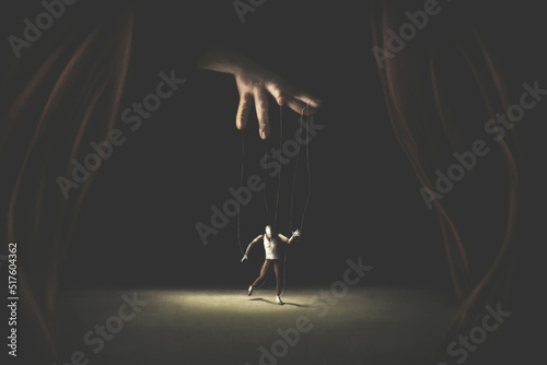 Photo Illustration of puppet and puppeteer performance, abstract surreal control conce