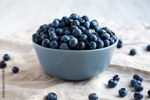 Raw Organic Blueberries in a Bowl, side view.