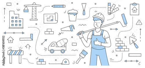 Construction and building doodle concept. Repair service worker in uniform with roller tool. Builder, repairman, renovation employee or foreman character with equipment, Line art vector illustration