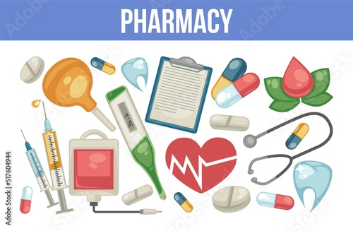 Pharmacy pills and syringe treatment and healthcare therapy and dentistry