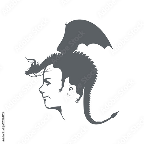 Optical illusion. Woman head with dragon as haircut. Self protection concept