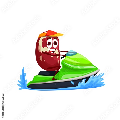 Cartoon bean character on jet ski or water scooter, vector kids personage. Funny bean emoticon smiling on summer vacations riding water scooter jet ski, sport and holiday fun emoji