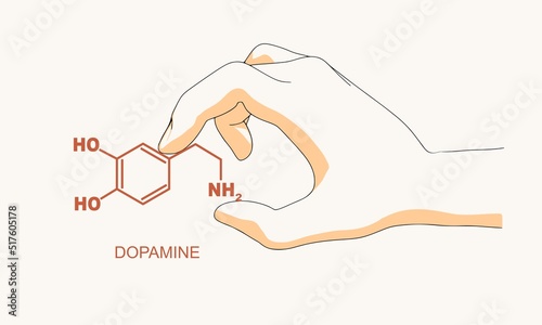 Hand holding chemical molecular formula of hormone dopamine.