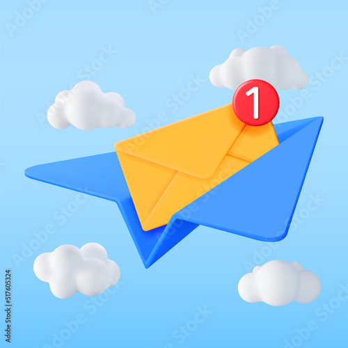 3D Mail Envelope in Paper Plane and Notification