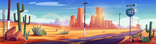 Road in desert scenery landscape with rocks, cacti and dry sandy ground. Straight empty highway in Arizona Grand Canyon, asphalted way with speed sign high voltage wires Cartoon vector illustration